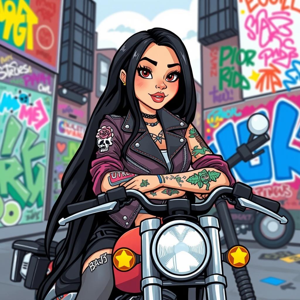 A cartoon-style edgy girl with long black hair, sporting a vibrant leather jacket decorated with patches, confidently posed on a cool motorbike
