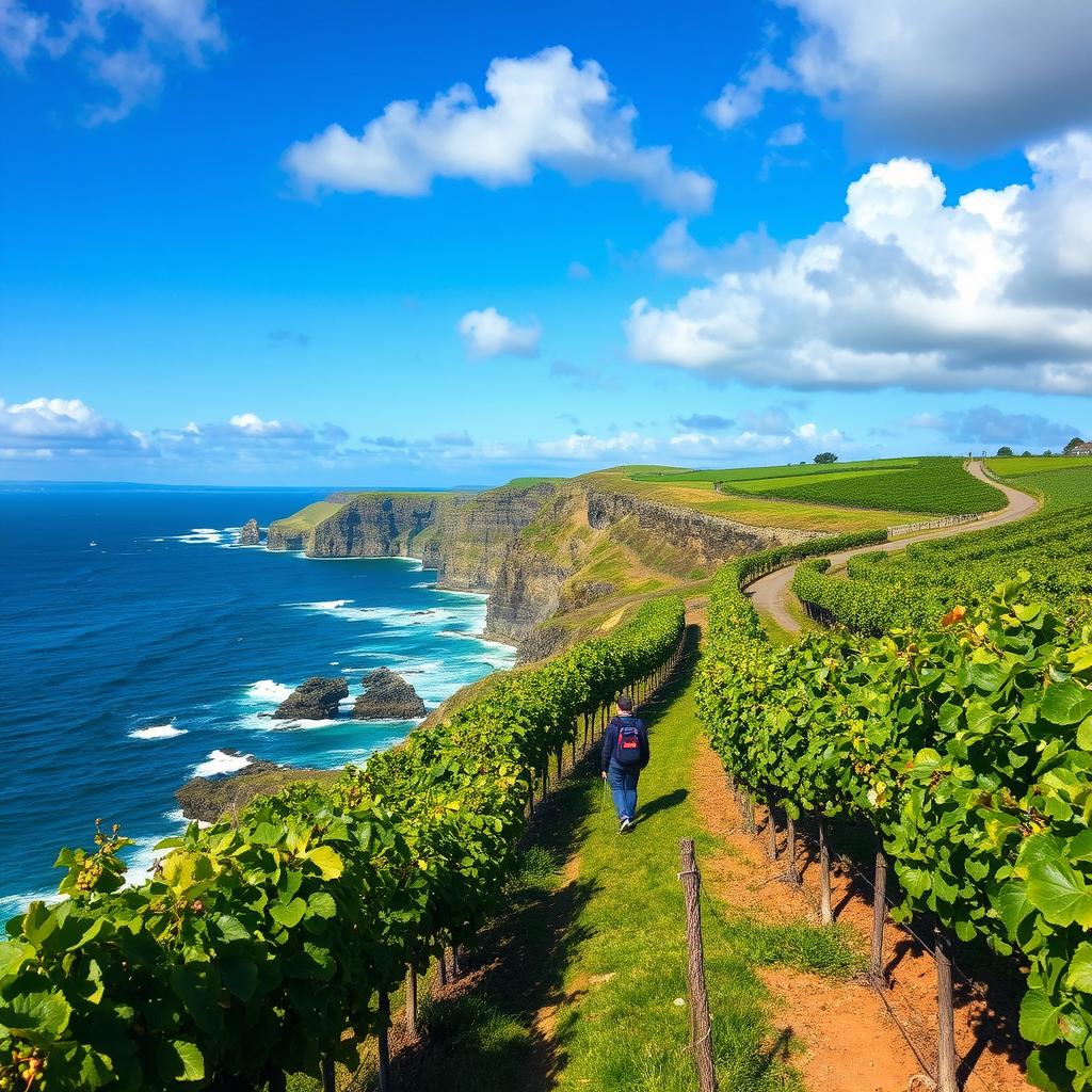 A picturesque walking journey along the stunning coast path of Cornwall, featuring dramatic cliffs and the crashing waves of the ocean