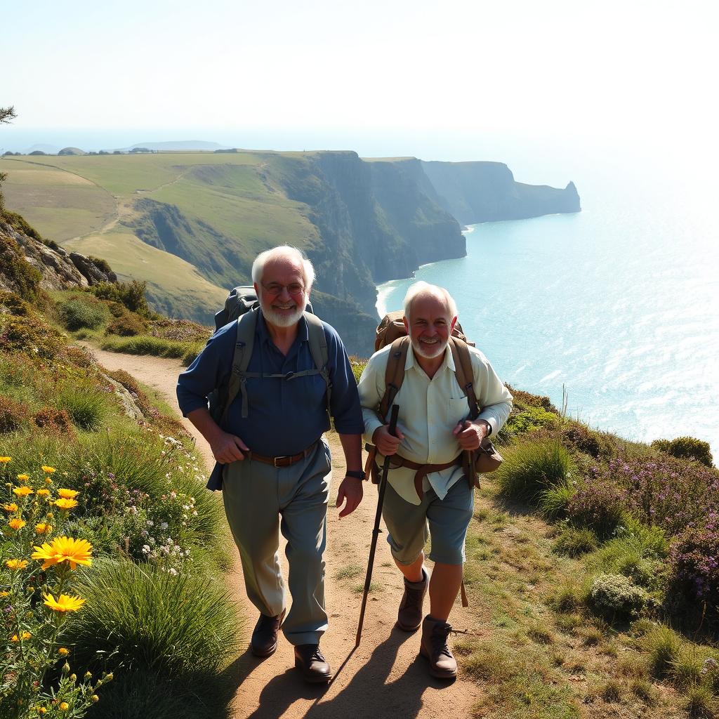 A charming scene depicting two elderly men on a walking journey along the picturesque coast path of Cornwall