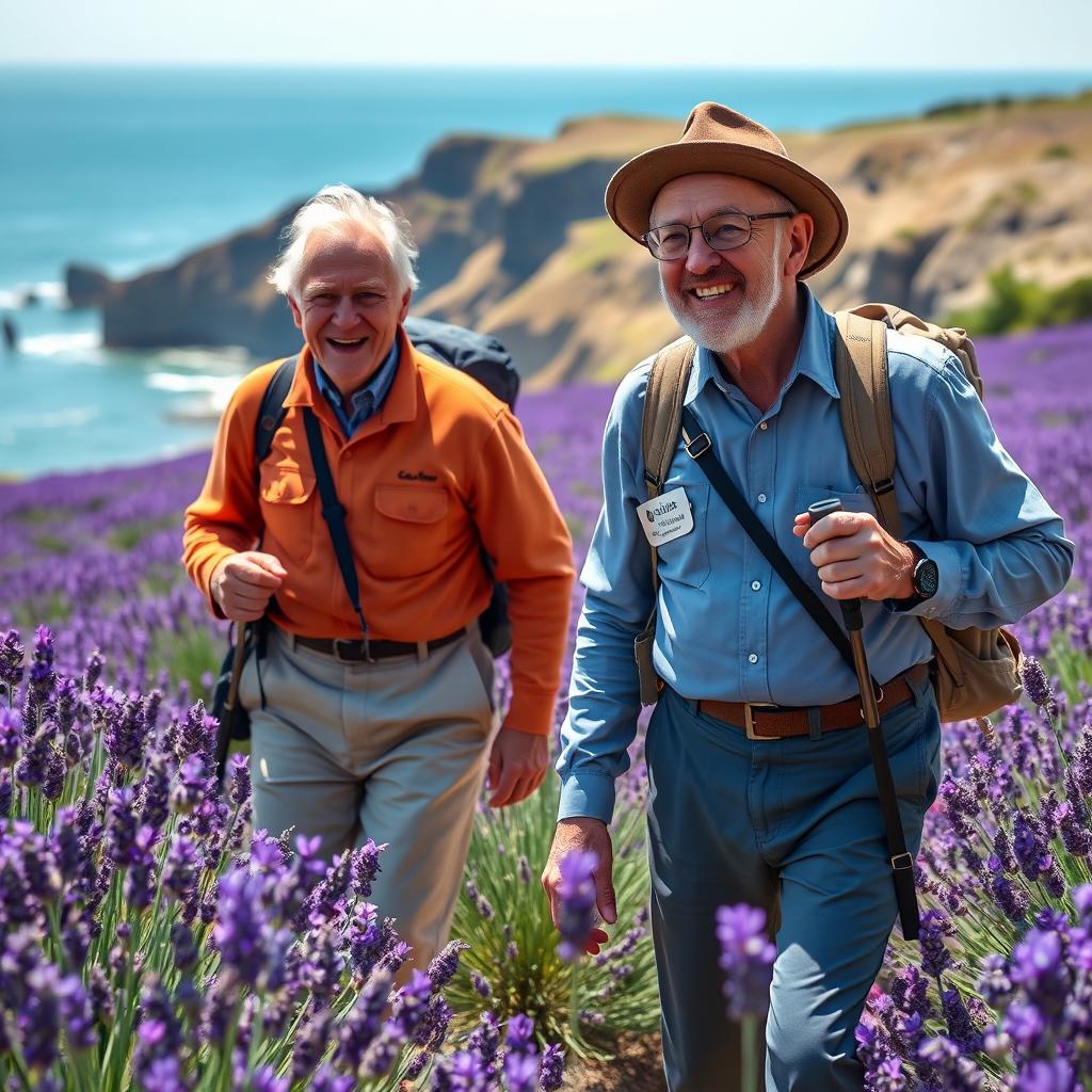 A heartwarming scene of two elderly men on a walking journey along the coast path of Cornwall, surrounded by fields of vibrant lavender, reminiscent of London's botanical gardens