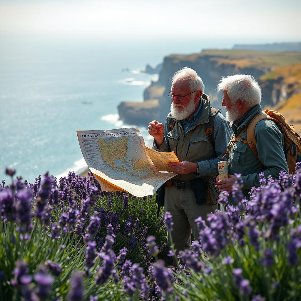 An enchanting scene featuring two elderly men on a walking journey along the coast path of Cornwall, with an ancient Cornish map spread out between them