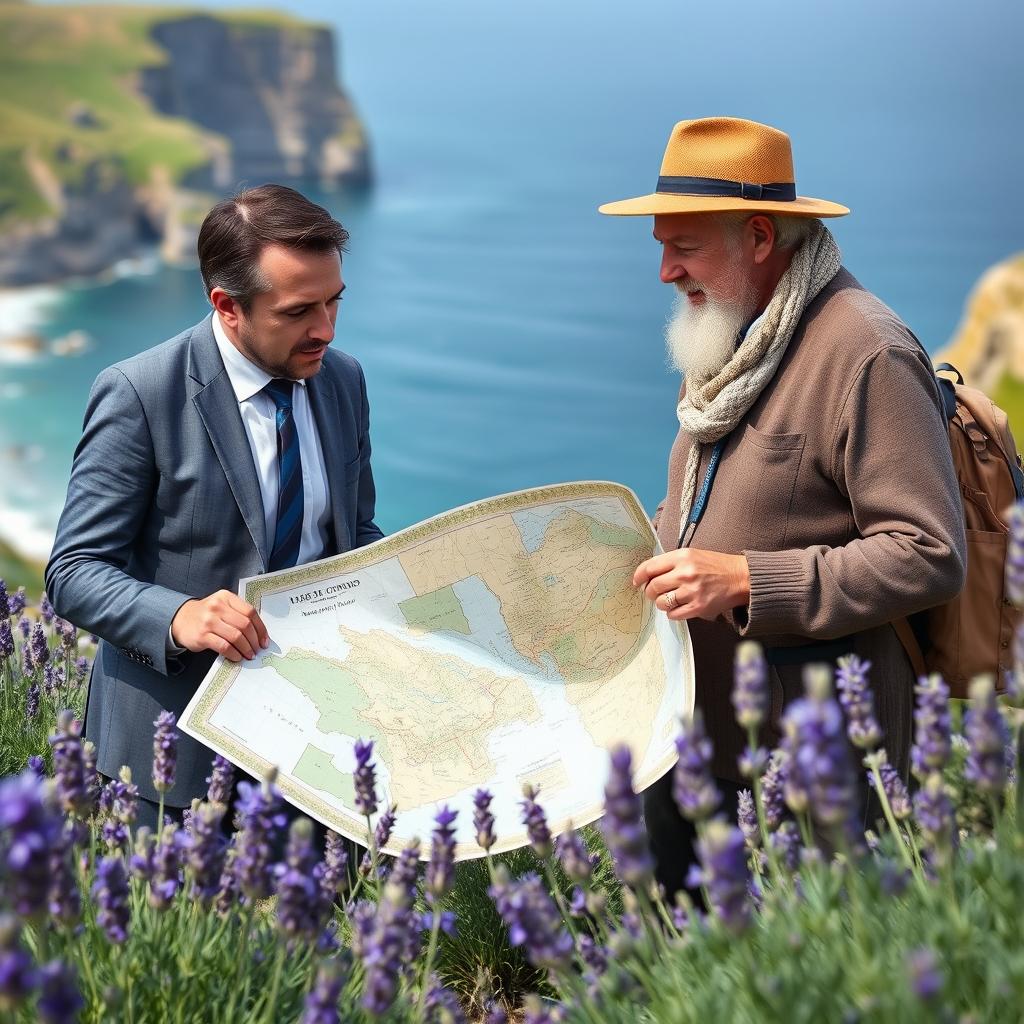An engaging scene featuring a businessman and an old Cornish man embarking on a walking journey along the beautiful coast path of Cornwall