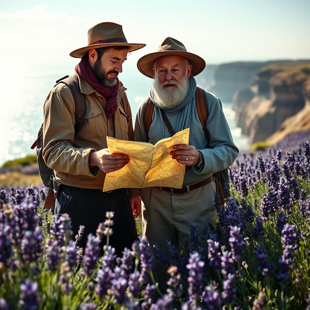 An inviting scene depicting a country man and an old Cornish man embarking on a walking journey along the coast path of Cornwall