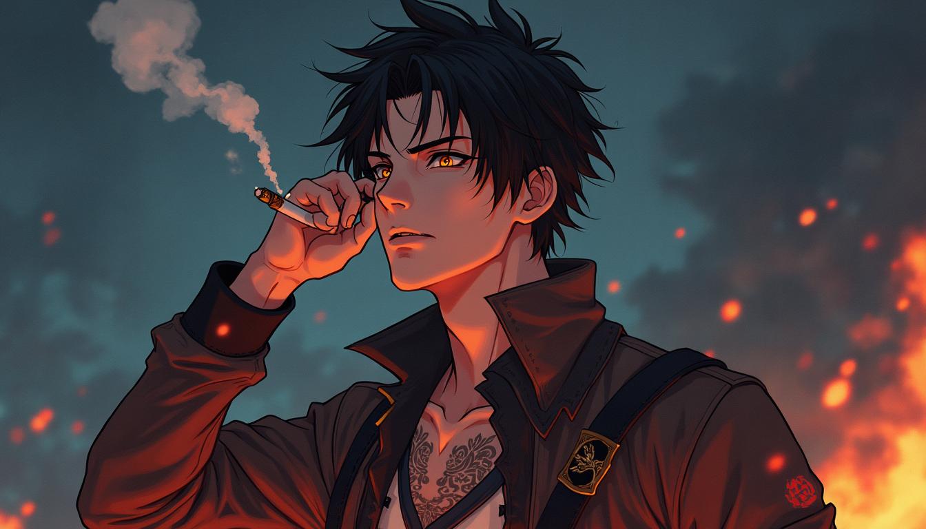 Anime-style character illustration of Rylen Smokeheart, a tall and lean protagonist from a fantasy RPG anime