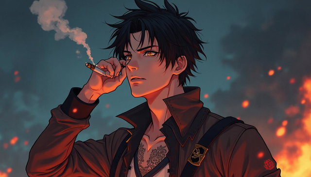 Anime-style character illustration of Rylen Smokeheart, a tall and lean protagonist from a fantasy RPG anime