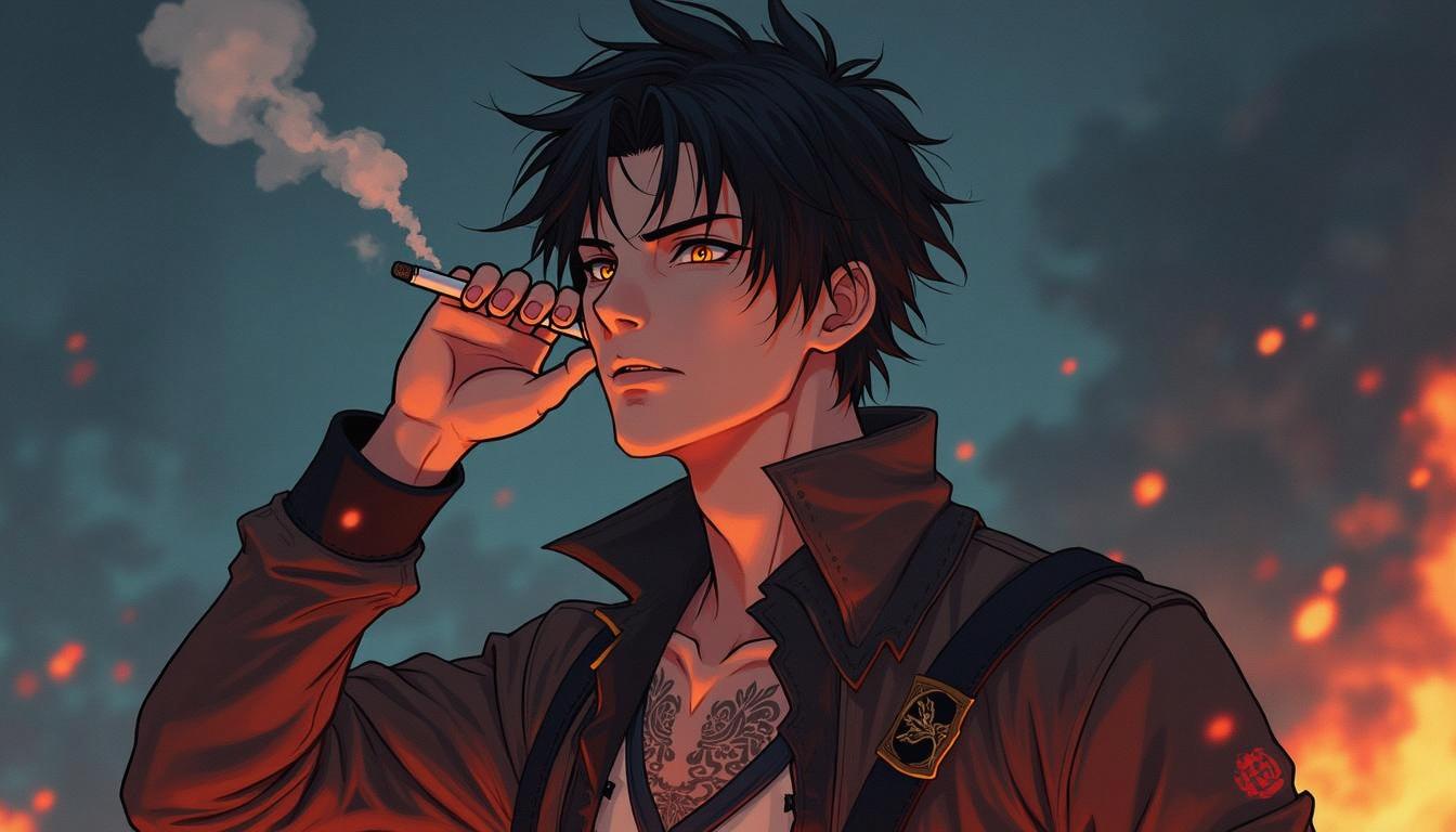 Anime-style illustration of a character similar to Rylen Smokeheart, featuring a tall and lean young man with messy dark hair and intense amber eyes