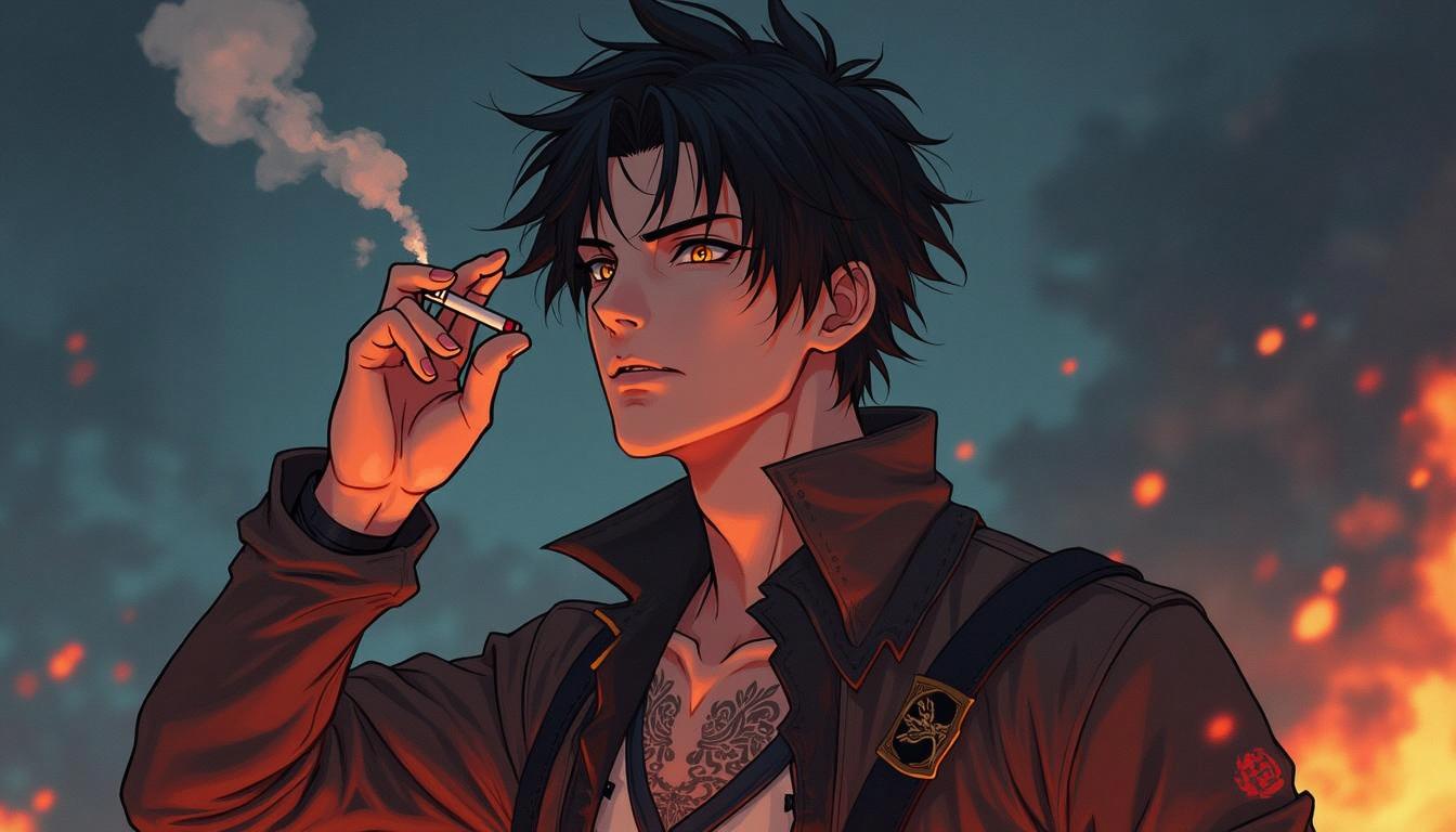 Anime-style illustration of a tall and lean character with messy dark hair and intense amber eyes