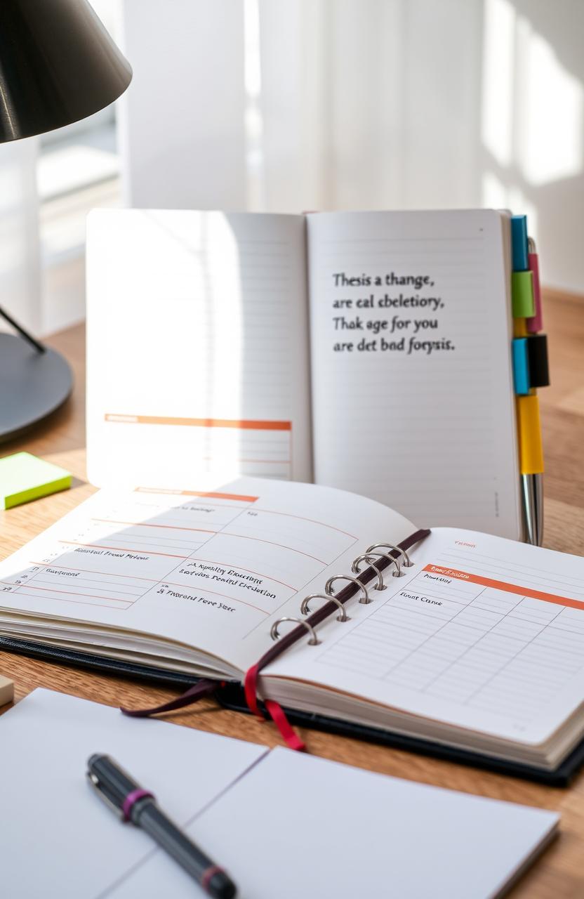A beautifully designed thesis planner diary, featuring a sleek cover with an inspirational quote about research and education