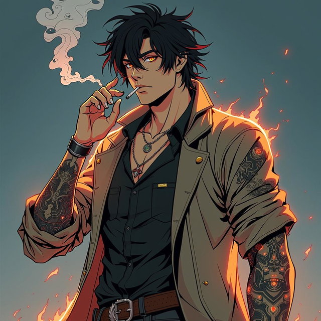 Anime-style character illustration of Rylen Smokeheart, protagonist of a fantasy RPG anime