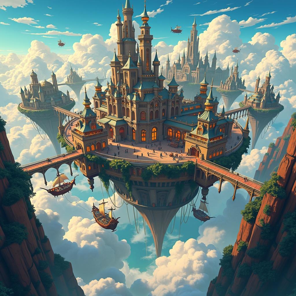 Wide-angle anime-style landscape illustration of Cloudspire City, a magnificent floating metropolis from a fantasy RPG anime