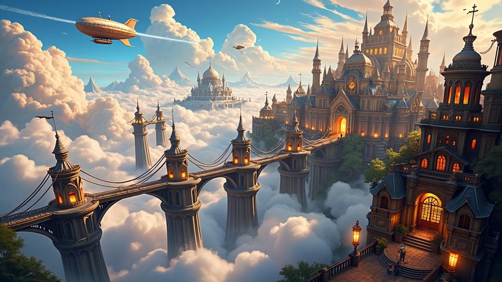 Wide-angle anime-style landscape illustration of Cloudspire City, a magnificent floating metropolis from a fantasy RPG anime