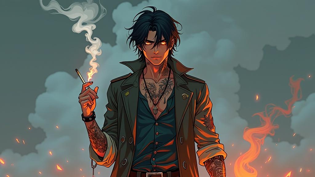 Anime-style character illustration of Rylen Smokeheart, protagonist of a fantasy RPG anime