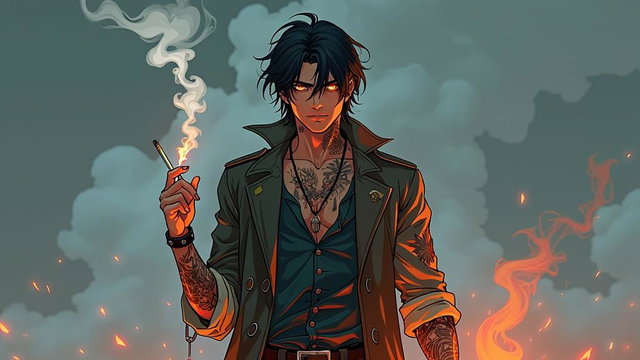 Anime-style character illustration of Rylen Smokeheart, protagonist of a fantasy RPG anime