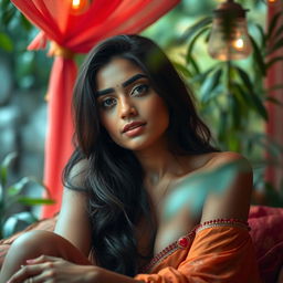 A sensual and artistic depiction of an Indian woman with an emphasis on natural beauty