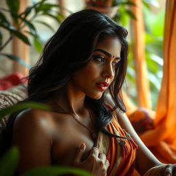 A sensual and artistic depiction of an Indian woman with an emphasis on natural beauty