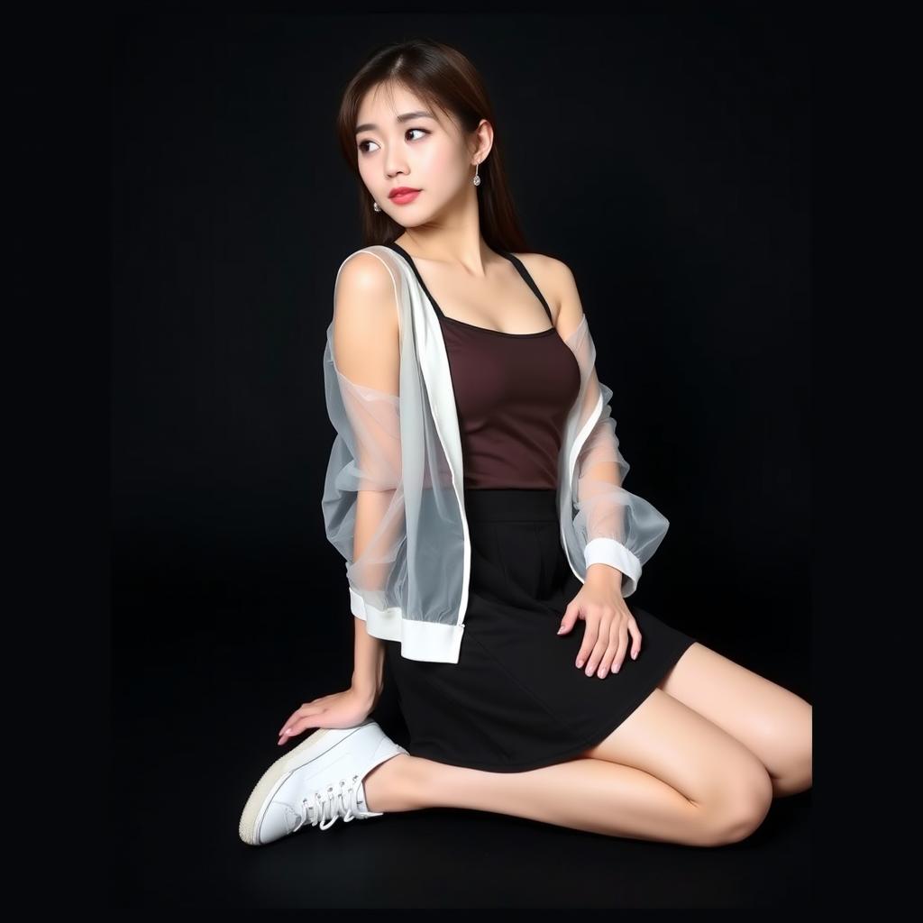 A beautiful Korean woman wearing a sleeveless tank top layered with a transparent white jacket, a short black skirt, and sneakers