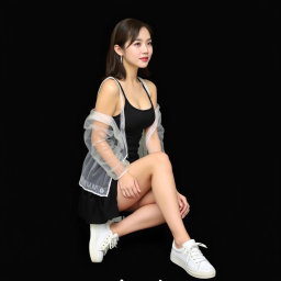 A beautiful Korean woman wearing a sleeveless tank top layered with a transparent white jacket, a short black skirt, and sneakers