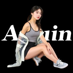 A beautiful Korean woman wearing a sleeveless tank top layered with a transparent white jacket, a short black skirt, and sneakers