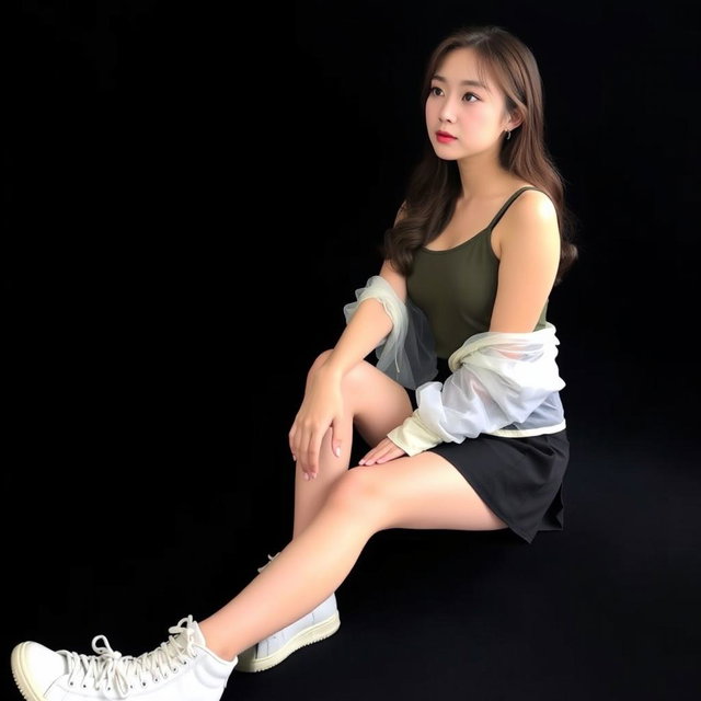 A beautiful Korean woman wearing a sleeveless tank top layered with a transparent white jacket, a short black skirt, and sneakers