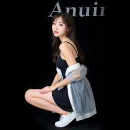 A beautiful Korean woman wearing a sleeveless tank top layered with a transparent white jacket, a short black skirt, and sneakers