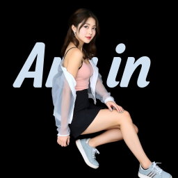 A beautiful Korean woman wearing a sleeveless tank top layered with a transparent white jacket, a short black skirt, and sneakers