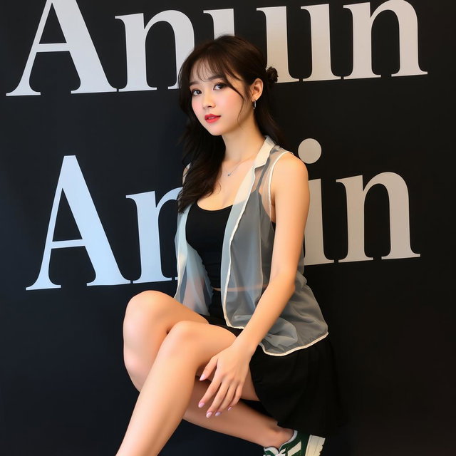 A beautiful Korean woman wearing a sleeveless tank top layered with a transparent white jacket, a short black skirt, and sneakers