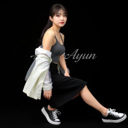 A beautiful Korean woman wearing a sleeveless tank top layered with a transparent white jacket, a short black skirt, and sneakers, sitting sideways while glancing forward