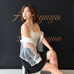 A beautiful Korean woman wearing a sleeveless tank top layered with a transparent white jacket, a short black skirt, and sneakers, sitting sideways while glancing forward