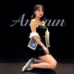 A beautiful Korean woman wearing a sleeveless tank top layered with a transparent white jacket, a short black skirt, and sneakers, sitting sideways while glancing forward
