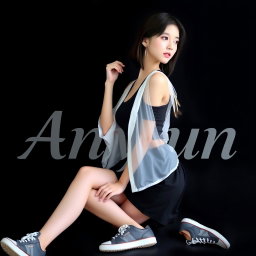 A beautiful Korean woman wearing a sleeveless tank top layered with a transparent white jacket, a short black skirt, and sneakers, sitting sideways while glancing forward