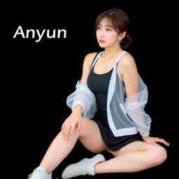 A beautiful Korean woman wearing a sleeveless tank top layered with a transparent white jacket, short black skirt, and sneakers, sitting sideways with a graceful pose, her right hand resting on her knee, glancing forward