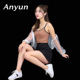 A beautiful Korean woman wearing a sleeveless tank top layered with a transparent white jacket, short black skirt, and sneakers, sitting sideways with a graceful pose, her right hand resting on her knee, glancing forward