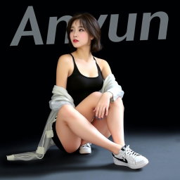 A beautiful Korean woman wearing a sleeveless tank top layered with a transparent white jacket, short black skirt, and sneakers, sitting sideways with a graceful pose, her right hand resting on her knee, glancing forward