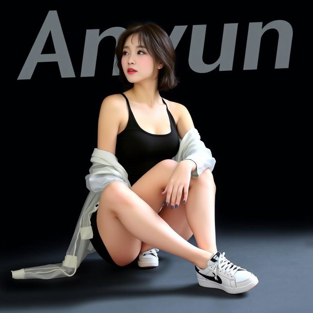 A beautiful Korean woman wearing a sleeveless tank top layered with a transparent white jacket, short black skirt, and sneakers, sitting sideways with a graceful pose, her right hand resting on her knee, glancing forward