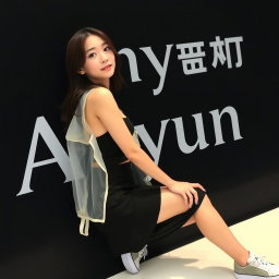 A beautiful Korean woman wearing a sleeveless tank top layered with a transparent white jacket, a short black skirt, and sneakers