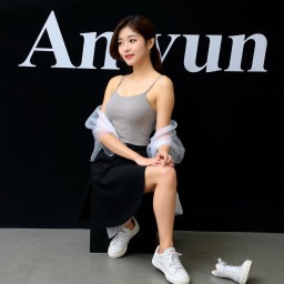 A beautiful Korean woman wearing a sleeveless tank top layered with a sheer white jacket, a short black skirt, and sneakers