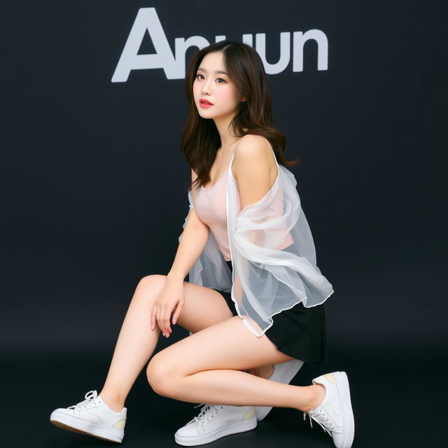 A beautiful Korean woman wearing a sleeveless tank top layered with a sheer white jacket, a short black skirt, and sneakers