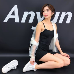 A beautiful Korean woman wearing a sleeveless tank top layered with a sheer white jacket, a short black skirt, and sneakers