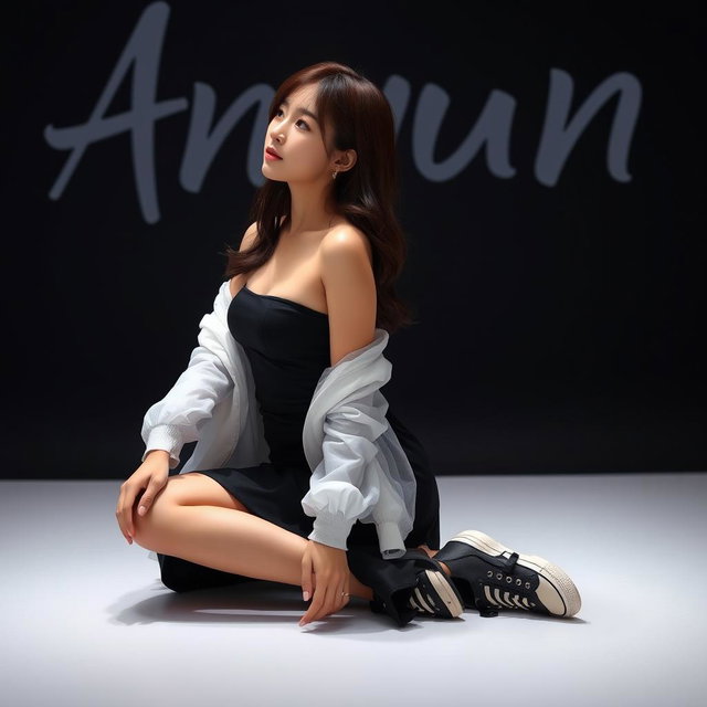 A beautiful Korean woman wearing a strapless top layered with a sheer white jacket, a short black skirt, and sneakers, sitting on the floor sideways while glancing forward gracefully