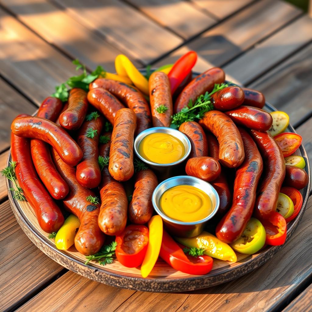 A vibrant and colorful plate of grilled sausages (or "salchichas") arranged beautifully on a rustic wooden table