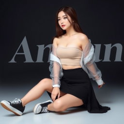 A beautiful Korean woman wearing a strapless top layered with a transparent white jacket, a short black skirt, and sneakers