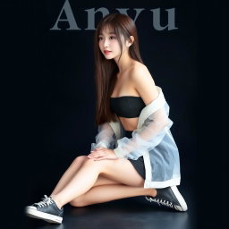 A beautiful Korean woman wearing a strapless top layered with a transparent white jacket, a short black skirt, and sneakers
