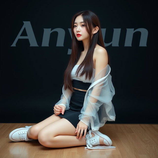 A beautiful Korean woman wearing a strapless top layered with a transparent white jacket, a short black skirt, and sneakers