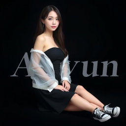 A beautiful Korean woman wearing a black strapless dress layered with a sheer white jacket, dressed in a short black skirt and sneakers