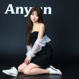 A beautiful Korean woman wearing a black strapless dress layered with a sheer white jacket, dressed in a short black skirt and sneakers