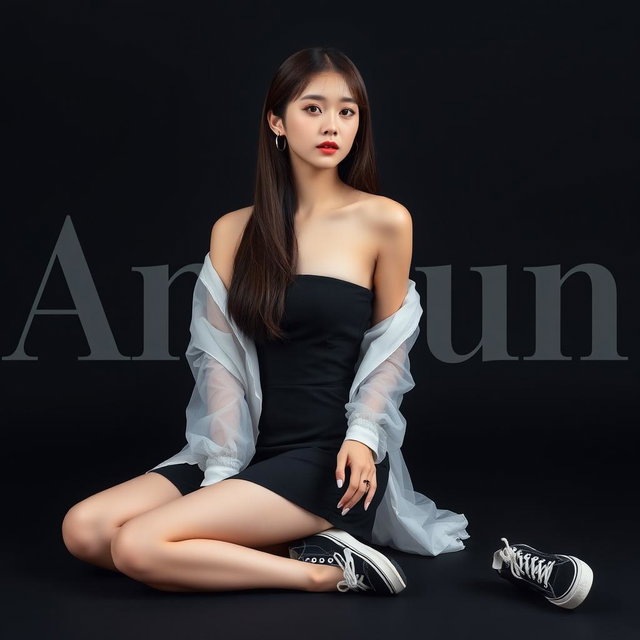 A beautiful Korean woman wearing a black strapless dress layered with a sheer white jacket, dressed in a short black skirt and sneakers