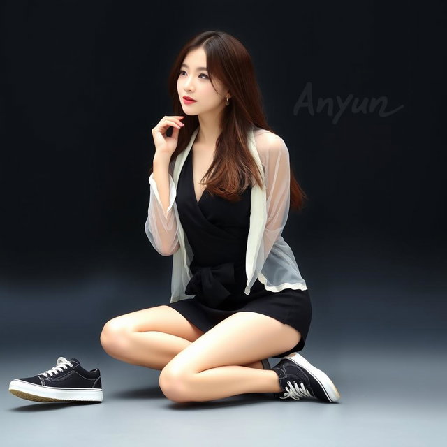 A beautiful Korean woman sitting sideways on the floor, wearing a black wrap top layered with a sheer white jacket and a short black skirt