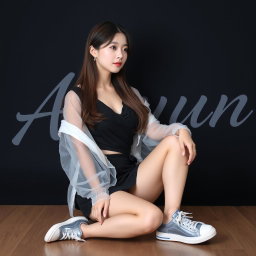 A beautiful Korean woman sitting sideways on the floor, wearing a black wrap top layered with a sheer white jacket and a short black skirt