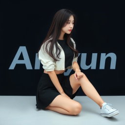 A beautiful Korean woman wearing a black cropped top layered with a white cropped jacket, a short black skirt, and sneakers