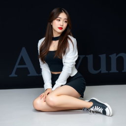 A beautiful Korean woman wearing a black cropped top layered with a white cropped jacket, a short black skirt, and sneakers